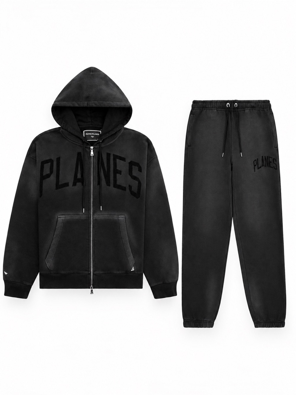 Paper Planes Mens 3XL Arched Sweatsuit Set Black Zip Hoodie Jogger Pants NWT